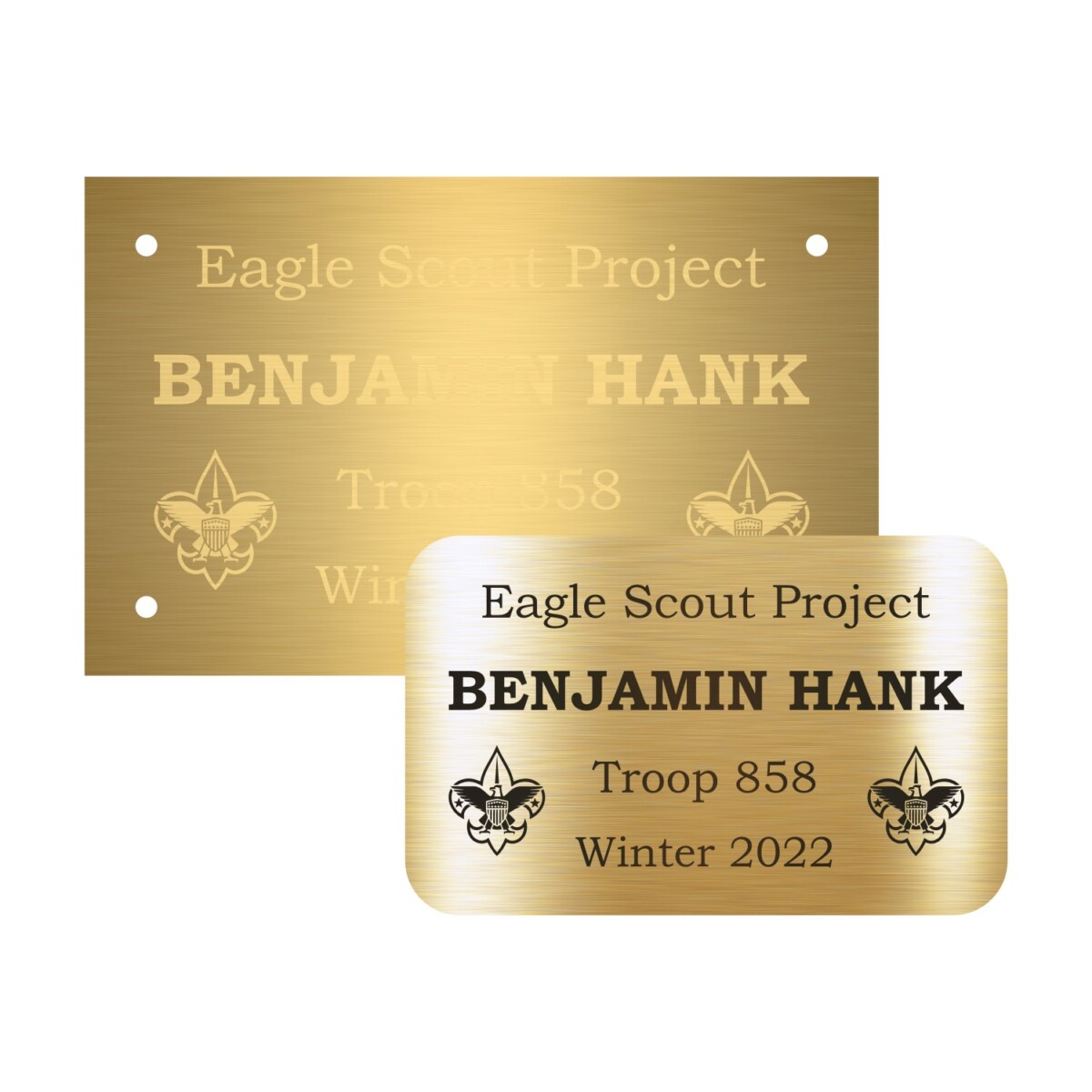 Eagle Scout Project Plate - Solid Gold Brass Double Logo Style